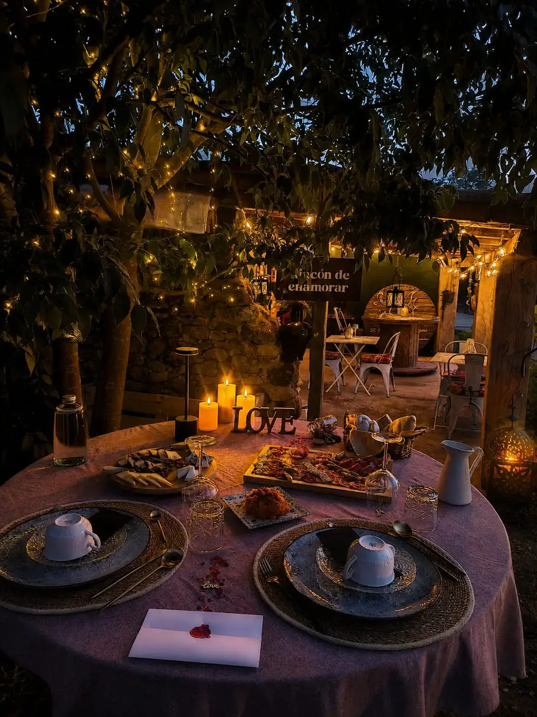 Mesa de cena romántica con velas y luces cálidas junto a la yurta